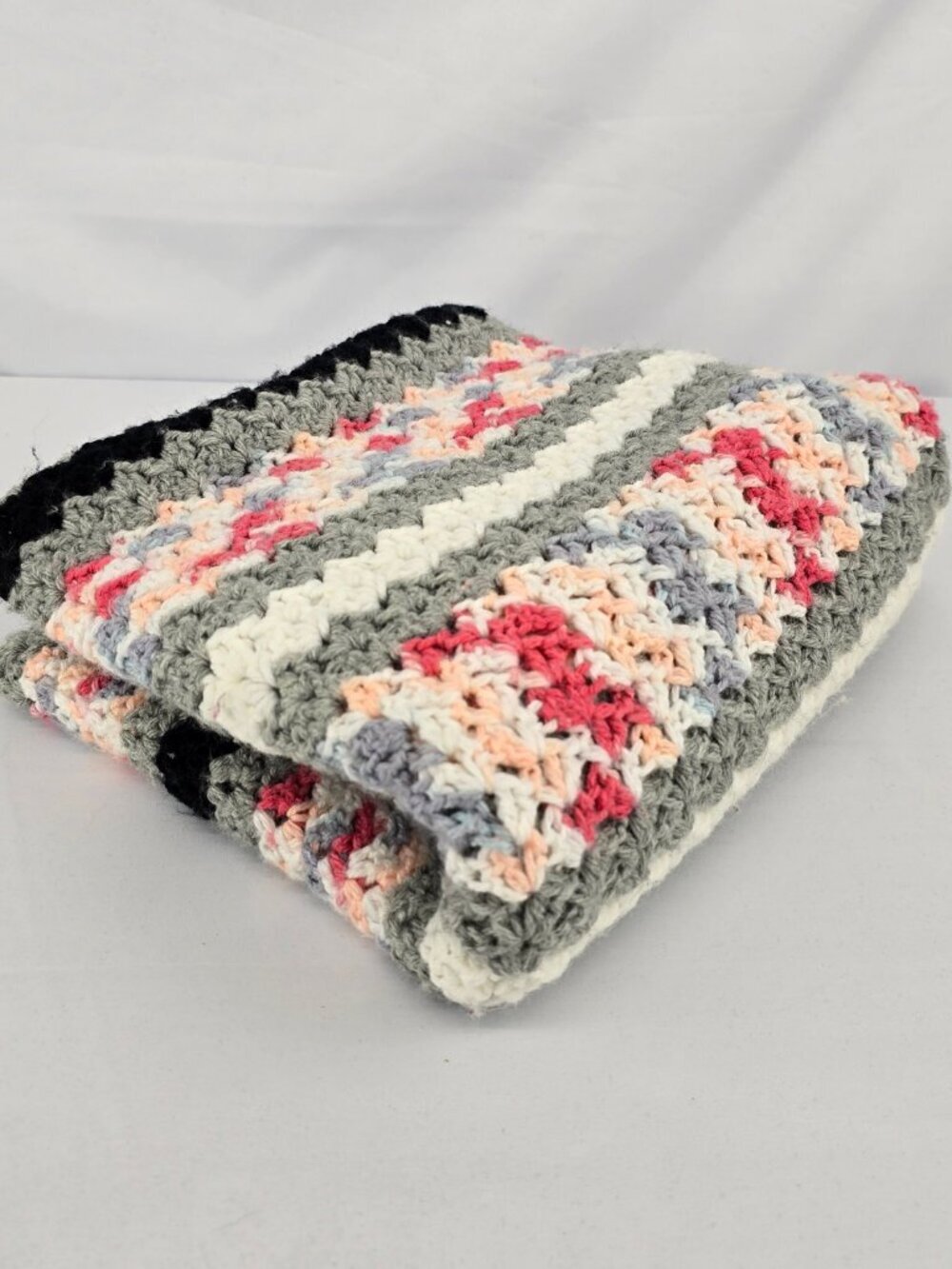Handmade Crochet Throw Blanket Grey Pink Boho Afghan